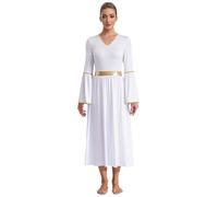 Runhomal Women's Angel Cosplay Costume Angel Dress Long Sleeve Gold Trim Patchwork Gown Dress White M