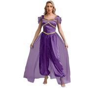 Runhomal Women's Arabian Princess Costume Belly Dance Jumpsuit Sequin Trim Pumpkin Pants with Tulle Overlay Dark Purple 4XL