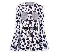 Runhomal Women's Cow Print Front Exposed Breast Bodysuit Halloween Costume Long Bell Sleeve Catsuit with Belt White Black XXL