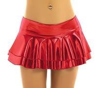 Runhomal Women's Glossy Metallic Double Layered Ruffle Mini Skater Skirt Dance Pleated Skirts Red S