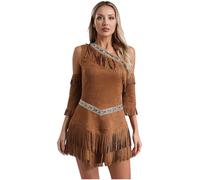 Runhomal Womens Indian Native Costume Bodycon Fringe Dress Greek Warrior Costumes for Halloween Cosplay Brown S