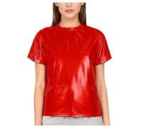 Runhomal Women's Jazz Disco Dance Top Shiny Metallic Short Sleeve T-Shirt for Stage Performance Red L