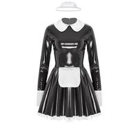 Runhomal Womens Maid Costume French Maid Outfit Uniform Shiny Leather Long Sleeves A-line Dress Black 4XL