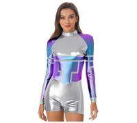 Runhomal Womens Metallic Shiny Space Alien Costume One Pieces Leotard Carnival Outfits Fancy Dress Silver XXL