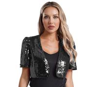Runhomal Women's Sequin Jacket Sparkly Glitter Short Sleeve Open Front Cropped Blazer Bolero Shrug Black XL