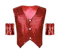 Runhomal Womens Sequin Waistcoat Sleeveless Jazz Dance Vest With Wristbands Stage Performance Clubwear Red S