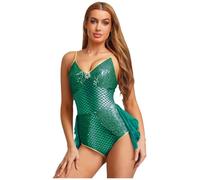 Runhomal Womens Shiny Mermaid Halloween Costume Sequins Fish Scale Jumpsuit Under The Sea Costumes Dark Green 3XL