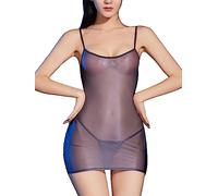 Runhomal Women's Silk Glossy See-Through Bodycon Dress with G-String Satin Slip Nightwear Sexy Party Mini Dress Dark Grey One Size