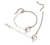 runhuabaihuo 2Pcs Stainless Steel Jewelry Set Design Splicing Pearl Chain Light Luxury Pendant For Women(Silver)