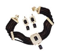 runhuabaihuo Jewelry Set Hand Beads Choker Necklace Drop Earring Square Crystal Pendant Neck Chain(NVS777TZ098black)