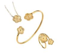 runhuabaihuo Stainless Steel Botanical Five Leaf Flower Bangle Necklace Ring Jewelry Set Classic For Woman Clover(Jewelry Set 1)