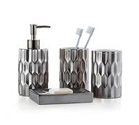 RUNLAIKEJI Bathroom Set, 4-Piece Ceramic Container Set with Soap Dispenser, Soap Dish, and Toothbrush Holder, Glossy Finish, Silver
