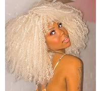 RunM hair Runm Short Curly Afro Wig with Bangs for Black Women Curly Curly Afro Synthetic Full Wigs (Platinum White)