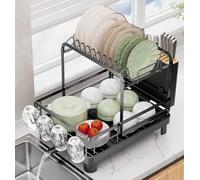 Runnatal 2-Tier Dish Drying Rack, Large Dish Rack with Drainboard Set, Detachable 4-in-1 Large Capacity Dish Drainer Over The Sink Anti-Rust for Kitchen Counter, Black