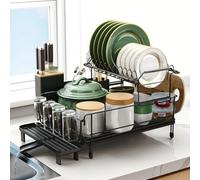 Runnatal Large Dish Drying Rack with Drainboard Set, Extendable Dish Rack, Utensil Holder, Cup Holder, Large-Capacity 2-Tier Dish Drying Rack, Expandable Dish Drainer for Kitchen Counter