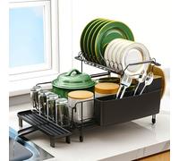 Runnatal Large Dish Drying Rack with Drainboard Set, Extendable Dish Rack, Utensil Holder, Cup Holder, Large-Capacity 2-Tier Dish Drying Rack, Expandable Dish Drainer for Kitchen Counter