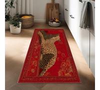 Runner Rug for Hallway 50 x 140 cm William Morris Animals Leopard Washable Non Slip Carpet, Soft Low Pile Bedroom Rug Red long Floormat for Entrance Kitchen Bathroom Corridor
