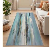 Runner Rug for Hallway 60 x 120 cm, Grey Blue Washable Low Pile Printed Entryway Rug, Modern Gold Foil Stripe Colour Block Soft Non Slip Indoor Carpet for Entrance Living Room Laundry Bedroom