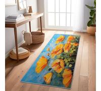 Runner Rug for Hallway 65 x 240 cm, Botanical Poppy Floral Oil Painting Washable Non Slip Backing Carpet for Entrance Living Room Kitchen Laundry - Orange Soft Low Pile Long Hallway Entryway Rug