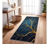 Runner Rug for Hallway 80 x 150 cm, Abstract Gold Veins Plant Branches Washable Non Slip Backing Carpet for Entrance Living Room Kitchen Laundry - Blue Soft Low Pile Long Hallway Entryway Rug