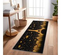 Runner Rug For Hallway City Eiffel Tower Stars, Non Slip Washable Long Carpet Gold, Soft Low Pile Floor Runner For Kitchen Corridor Bedroom Living Room 80X240 Cm
