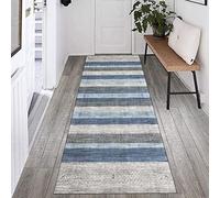 Runner Rug for Hallway - Non-slip Carpet for Kitchen and Living Room, Modern Geometric Striped Design in Grey and Blue, Versatile for Various Interiors