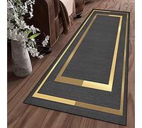 Runner Rug for Hallway, Non-slip Carpet Runner for Kitchen Living Room, 40x60cm, Modern Geometric Grey Black Rug Gold Rectangle Border Runner Carpet, Customizable, Width: 40cm/60cm/80cm/100cm/120cm