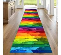 Runner Rug for Hallways, 60x300cm Colorful Rainbow-Colored Abstract Machine-Washable Entryway Floor Rugs, Bohemian Watercolor Graffiti Long Kitchen Mat for Bedrooms and Laundry Rooms