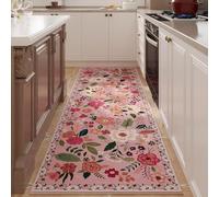 Runner Rug for Hallways Kitchen 60x160cm, Non Slip Washable Rug Runner with Rubber Backing, Low Pile Soft Pink Boho Retro Floral Area Carpet Rug for Hallways, Kitchen, Laundry, Bedroom, Bathroom