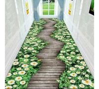 Runner Rug,Non-Slip Washable Hallway Runner Rug,3D Flower Floor Mat With Wooden Path Print, Premium Colour-Fast Carpet for Corridor Garden Kitchen Green Multi 60X90Cm