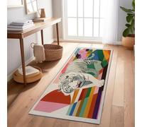 Runner Rug Non Slip Washable White Geometry White Tiger Graphics Hallway Carpet Long Narrow Floor Mat Soft Flannel Surface Tpr Backing For Entryway Kitchen Bedroom Living Room 60X150 Cm
