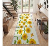 Runner Rugs for Hallway 80 x 300 cm, Countryside Pastoral Floral Washable Kitchen Carpet Runner Non-Slip - Soft Low Pile Golden Yellow Sunflower Butterfly Long Rug Floor Mat for Bedroom Living Room
