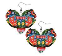 Runner Swedish Dala Horse Folk Heart Earrings Faux Leather Double Sided Drop Dangle Earrings Fashion Lightweight Jewelry Gifts For Women'S Ear Accessories