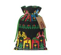 Runner Swedish Dala Horse Folk Print Drawstring Pouches For Gifts,Reusable Fabric Gift Bags,For Holiday And Party Presents