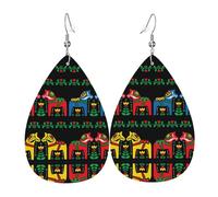 Runner Swedish Dala Horse Folk Print Leather Dangle Earrings for Women - Lightweight Teardrop Fashion Statement Earrings