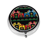 Runner Swedish Dala Horse Folk This Small, Printed, Round Pill Box is a Portable Pill and Vitamin Organizer Perfect for Pockets, Purses, and Travel.