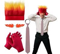 RunNico 4 Pcs Halloween Angry Costume Accessories, Angry Flame Wig Set Includes Fire Shaped Glasses Red Gloves Stripe Tie for Men Women Cosplay Role Playing Party Dress up Supplies