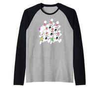 Running Bowling Ball Scared Pin Characters Funny Bowler Lane Raglan Baseball Tee