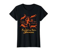 Running Deer Shaman Spiritual Petroglyph Art Value Graphic T-Shirt, Women, Black, M