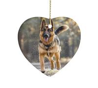 Running German Shepherd Dog Ceramic Christmas Ornaments Double Sided Porcelain Hanging Heart Pendant for Xmas Tree, Holiday Home Decor and Gift Party Decorations