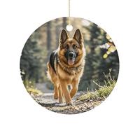 Running German Shepherd Dog Double-Sided Ceramic Christmas Ornaments - Round Hanging Mini Xmas Tree Decorations, Ideas for Farmers, Rustic Home Decor for Indoor Outdoor Tree Decor