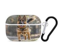 Running German Shepherd Dog Earbuds Organizer Shockproof Protective Airpods Pro Cover with Carabiner Clip Anti Fall Carrying Earphone Case Cover for Airpods Pro 2nd Generation White