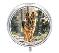 Running German Shepherd Dog Pill Box - 3 Compartment Travel Pill Organizer with Small Mirror, Portable Pillcase for Pocket & Purse, Cute Round Medicine Case, Weekly Medicine Container
