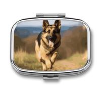 Running German Shepherd Dog Pill Box,Portable Travel Pill Organizer,Retro Durable 2 Compartment Pill Case for Vitamins, Medication, Fish Oil and Supplements