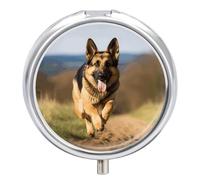 Running German Shepherd Dog Pill Box Round Portable Small Pill Case Waterproof Travel Pill Box Organizer for Pocket Purse and Daily Convenience