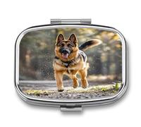 Running German Shepherd Dog Pill Case 2 Compartments Travel Pill Organizer for Pocket Small Pill Box Portable Pill Container Metal Medication Holder to Hold Vitamin Fish Oil Supplement