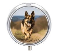 Running German Shepherd Dog Pill Case with 3 Compartments - Portable Travel Pill Organizer for Purse, Easy-Open Button Design, Small Round Pillbox Vitamin Holder Organizer for Women Men
