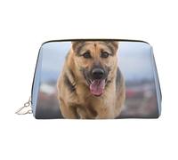 Running German Shepherd Dog Printed Small Makeup Bag Portable Leather Make up Bag Travel Cosmetic Bags Organizer for Women, Gold Zipper