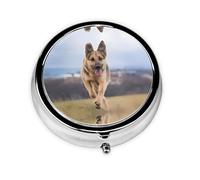 Running German Shepherd Dog This Small, Round, Three-Compartment Travel Pill Box is Perfect for Storing Daily medications, Vitamins, and on-The-go.