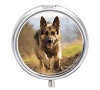 Running German Shepherd Dog Travel Pill Box Case 3 Compartment Cute Pill Organizer Metal Pill Holder with Mirror Small Medicine Organizer Daily Pill Container for Purse Pocket Portable Meds Box
